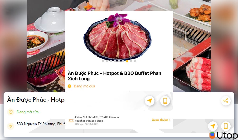 Nhà hàng Buffet Ăn Được Phúc giảm 70k cho đơn từ 590k Buffet nướng và lẩu trên app Utop