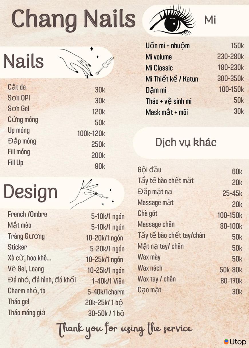 Các dịch vụ tại Chang Nails và báo giá