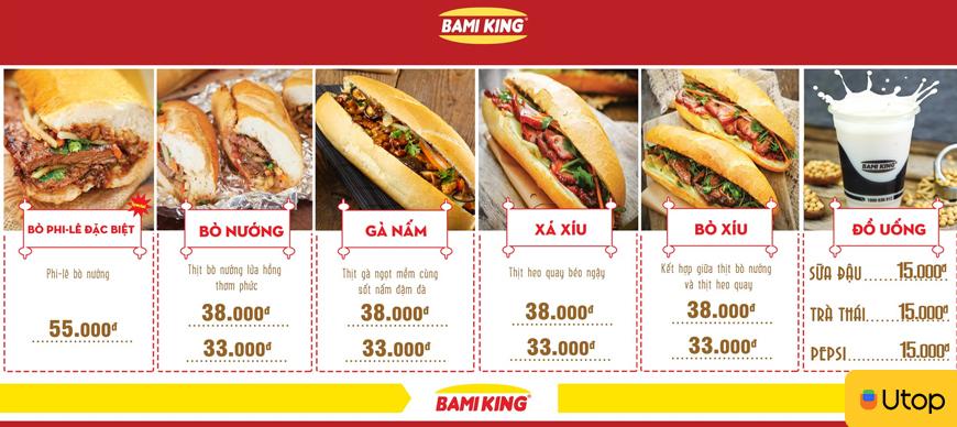 Menu Bami King với nhiều loại bánh mì nổi bật